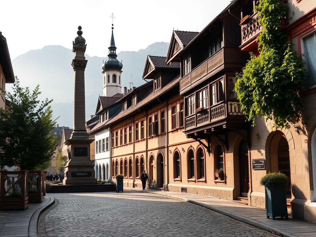 Widok na Tatry z Zakopanego, z charakterystyczną architekturą miasta w tle.